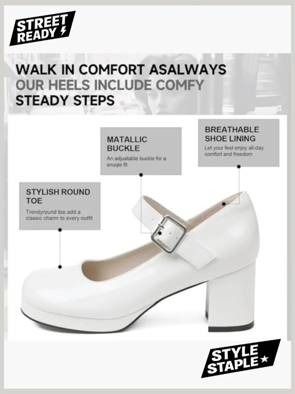 Women's Low Chunky Heel Mary Jane Pumps Ankle Buckle Strap Round Toe Dress Shoes - Picture 6 of 6